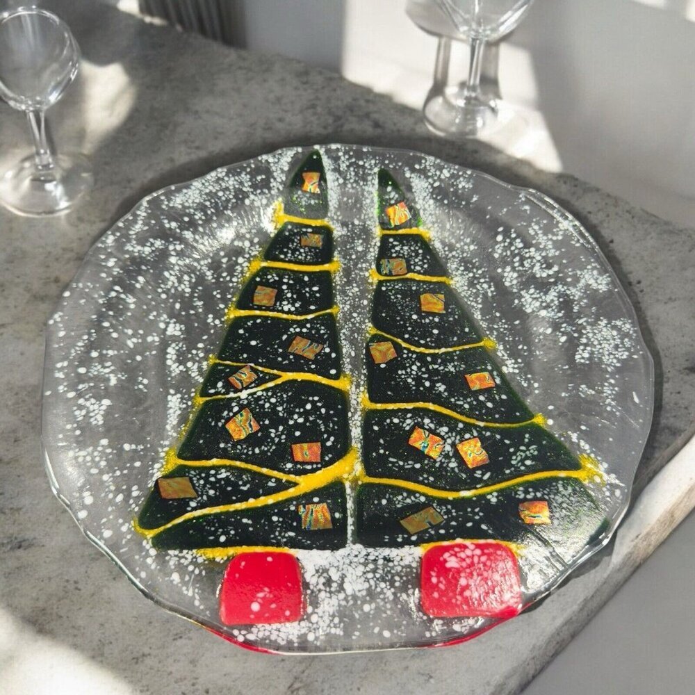 Hand Made Fused Art Glass Dish Plate Platter Christmas Tree Iridescent Glass VTG